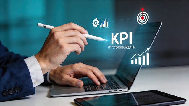 Business analyst hand using stylus pen pointing at KPI key performance indicator hologram on laptop screen, financial growth chart, target goal and data analytics dashboard