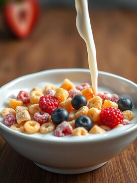 Sweet and fruity breakfast cereal in a bowl with a splash of milk,  breakfast,  crunchy