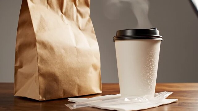 Brown paper take out bag and steaming coffee cup with straws on a wooden table