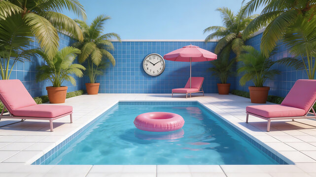 Outdoor pool with lounge chairs and plants ideal for travel vlogs and eco-friendly campaigns