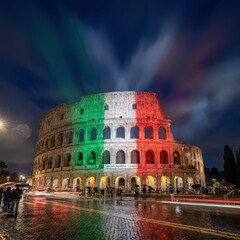Roman Colosseum illuminated with Italian flag colors for Republic Day at night