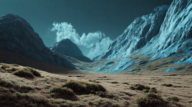 Serene Mountain Valley Landscape Under a Starry Sky and Billowing Clouds