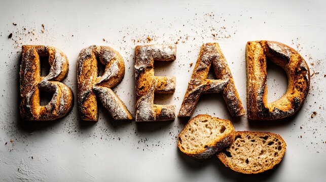 Top down of &ldquo;Bread&rdquo; spelled with baked letters, golden brown with dusted powder, white surface, small bread piece on lower right. Symbolizing fresh baking and breakfast culture.