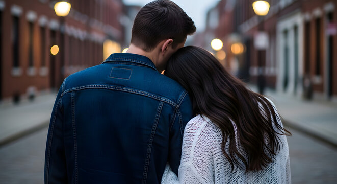A couple embracing on a cobblestone street at dusk, sharing a tender moment of connection and love amidst the soft glow of streetlights.
