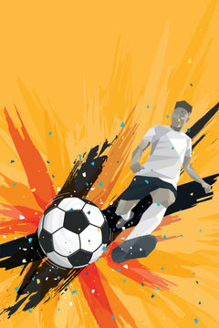 Football tournament celebration promotion orange vertical background with player kicking the ball and cofetti punchy style have blank space.
