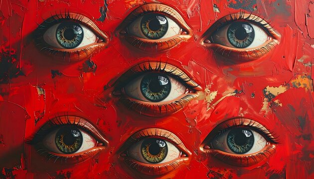 Six Eyes Staring Red Background Closeup.