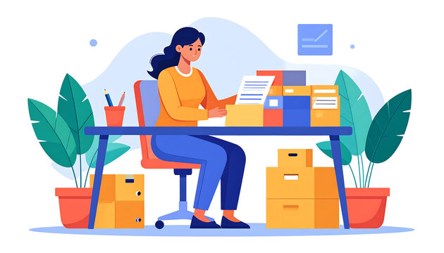 Illustration of a woman working at a desk with stacks of documents and boxes, conveying organization and business productivity