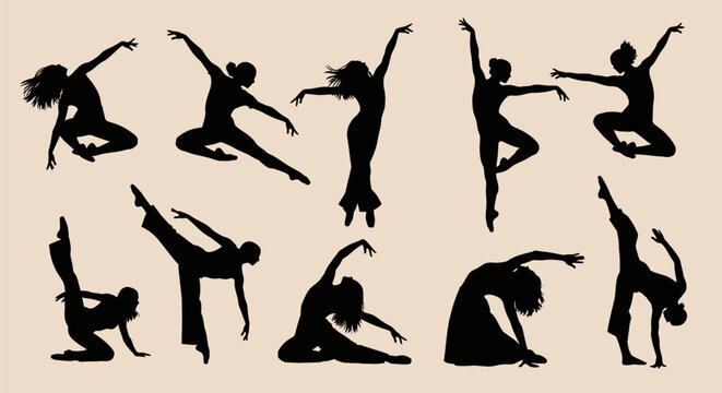 Set of silhouettes of female dancers in various dynamic poses.