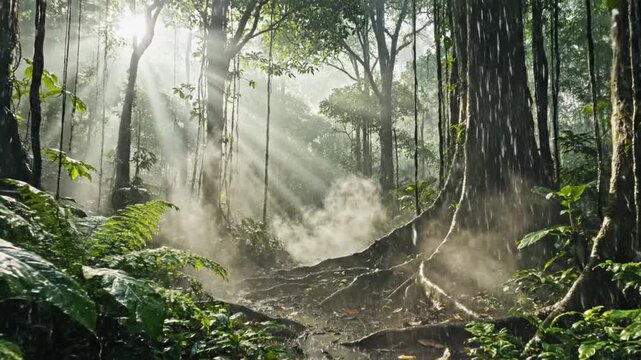 Misty tropical forest with sun rays.