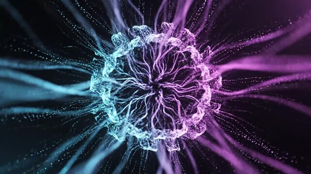 Abstract blue and pink light particles exploding on black background.