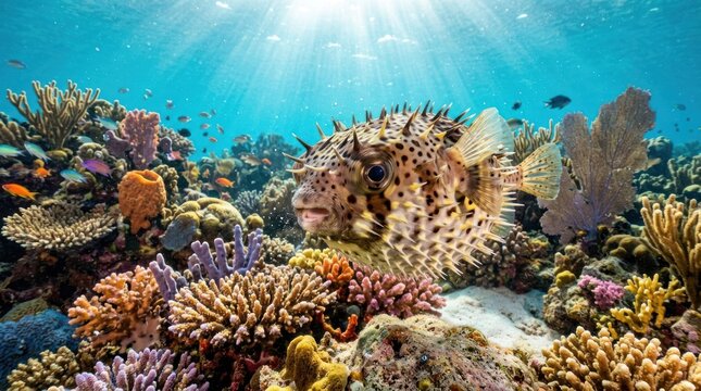 A colorful underwater scene with a pufferfish and various coral formations.