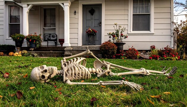Skeleton on a suburban lawn.