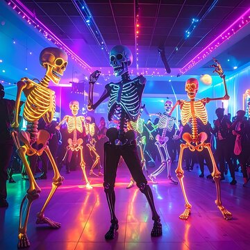 Skeletons dancing at a neon party.