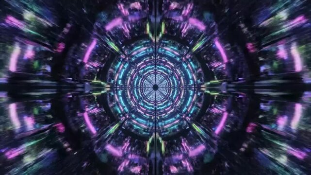 Futuristic abstract tunnel with digital neon lights and fast camera movement through a sci-fi space