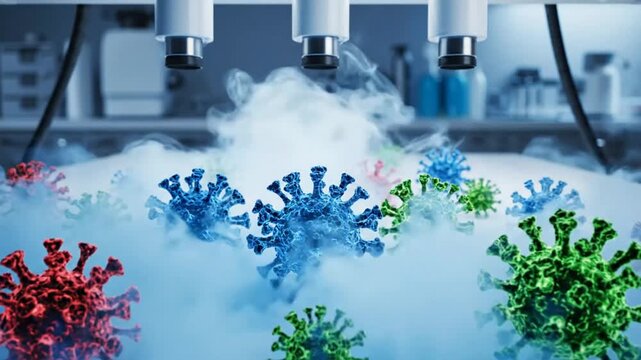 Visual depiction of sanitization process eliminating virus cells with decontamination technology