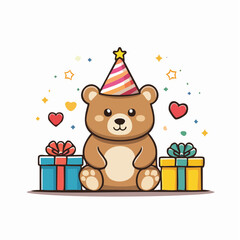 Fototapeta premium Cute Teddy Bear with Birthday Hat and Gifts