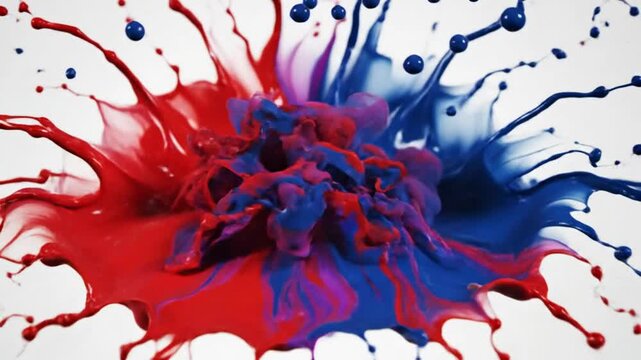 Abstract dynamic splash of red and blue liquid paints colliding to create colorful mixed shapes and textures against a white background.