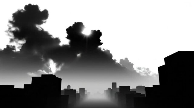 Dramatic black and white cityscape silhouette with ominous clouds and light rays breaking through sky