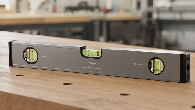 Precision spirit level on wooden workbench in natural lighting.