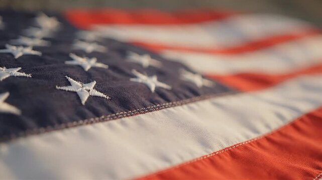 Macro close up of American flag fabric texture waving gently
