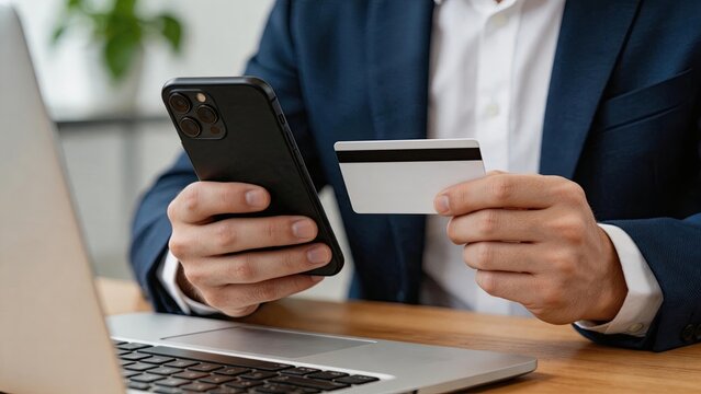 Businessman holding credit card and smartphone making secure mobile payment transaction, e-commerce shopping checkout process with laptop in background for modern finance and
