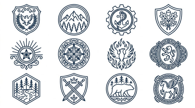Collection of twelve vintage emblem logos and crests.