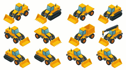Collection of Yellow Construction Vehicles in Isometric View. © Ardhan