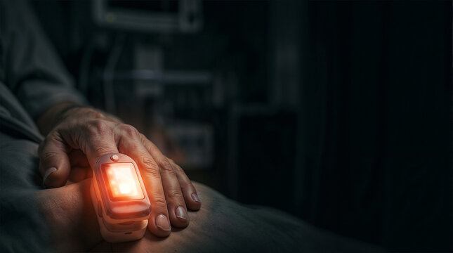 Close-up of senior patient hand with glowing pulse oximeter sensor in dark hospital room