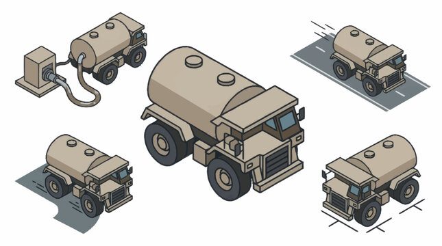 Collection of isometric fuel tanker trucks and a refueling station.