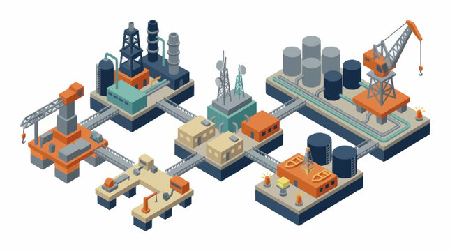 Industrial complex with oil rigs and cranes isometric view.