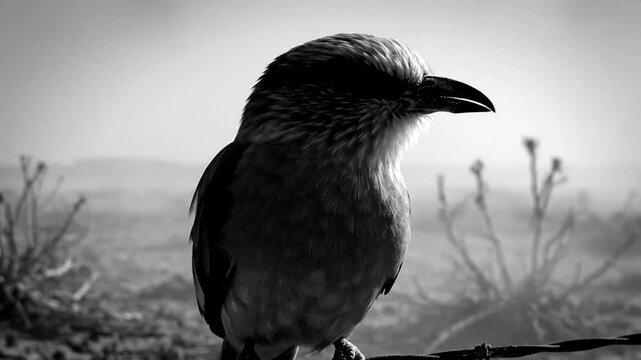 Black and white close-up of a bird perched on a barbed wire fence with a desolate landscape in the background