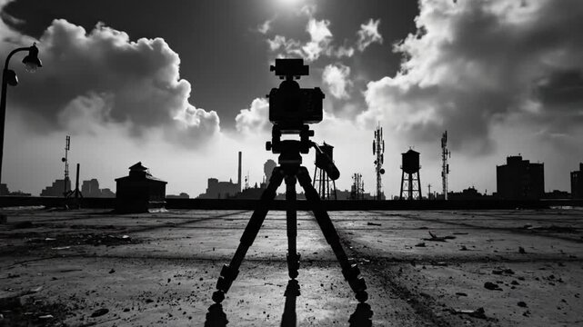 Black and white cityscape view from a rooftop with a camera on a tripod silhouetted against a cloudy sky