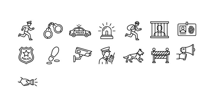 Icon set collection of police law enforcement and crime prevention elements, featuring officers, security cameras, handcuffs, and patrol cars.