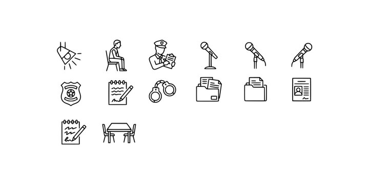 Icon set collection of police interrogation and legal investigation procedures, showcasing suspects, interview tables, recorded statements, and evidence files.
