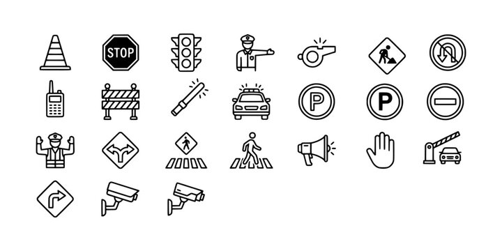Icon set collection of traffic control and road safety symbols, featuring signs, barriers, cones, officers, and pedestrian crossings.