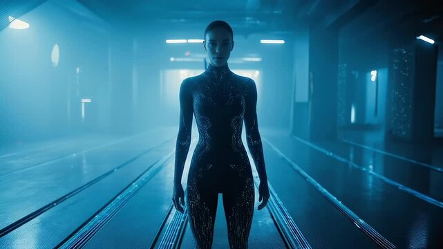 Android figure in blue neon corridor, standing centered with slender female form, visible circuit patterns along torso, reflective wet floor, atmospheric mist and haze, overhead strip