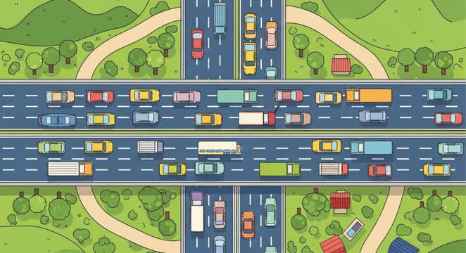 Busy highway traffic jam with many cars and trucks.