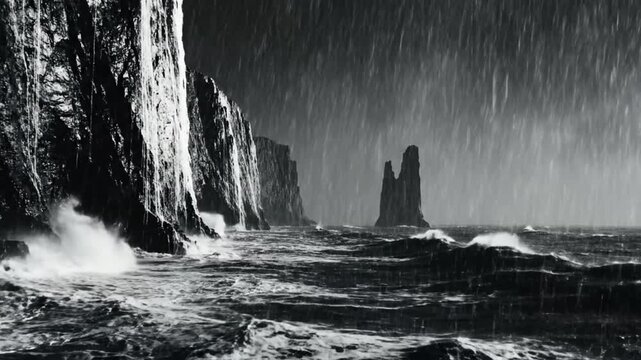 Dramatic black and white seascape of stormy ocean with rugged cliffs and heavy rain creating a moody atmosphere