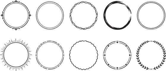 Set of elegant circular frame borders with vintage floral, dotted, braided, brush stroke and laurel wreath designs isolated on white background, decorative vector collection  © Maddy