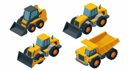 Set of Four Yellow Construction Vehicles Isometric View. © Ardhan