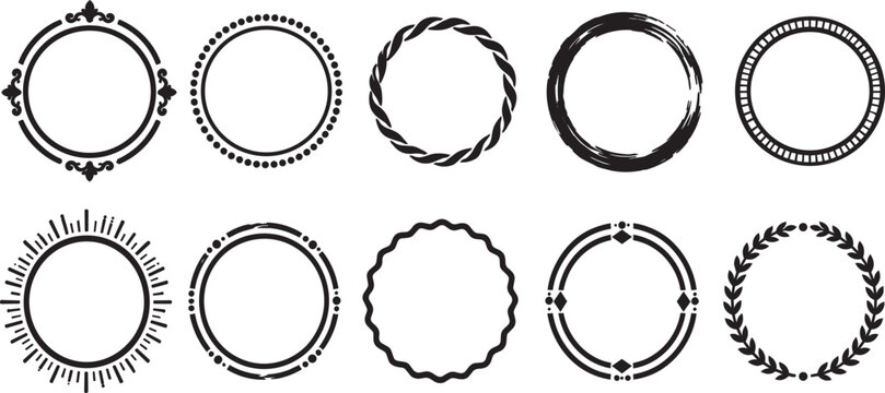 Collection of decorative circular frame borders with vintage floral, dotted, twisted rope, brush stroke, radiant and laurel wreath elements isolated on light background vector design