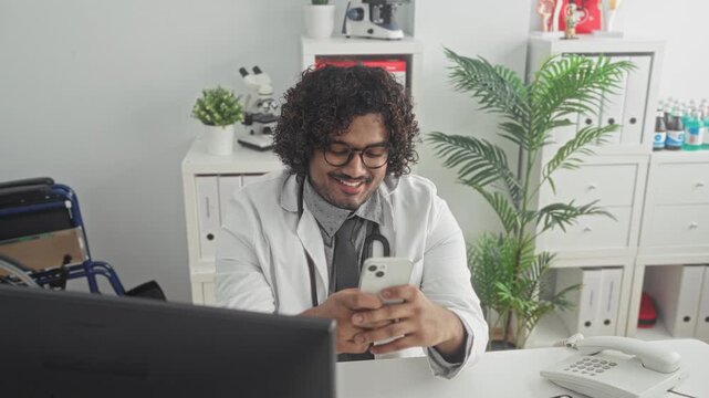 Man doctor with stethoscope holding smartphone and touching chin while smiling in clinic building; cheerful connection.