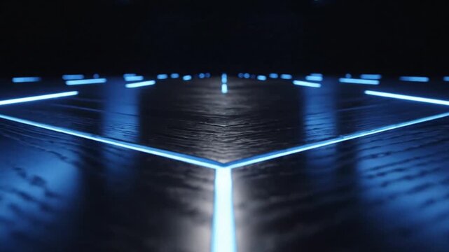 Futuristic design with bright blue neon lights reflecting across a dark wood surface creating a technological and modern aesthetic.