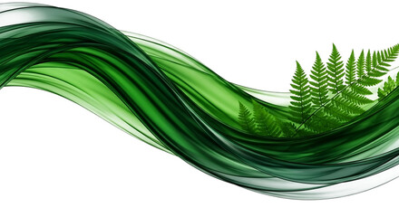 Abstract green wave with fern leaves realistic flowing ribbon design on transparent background © shahpng
