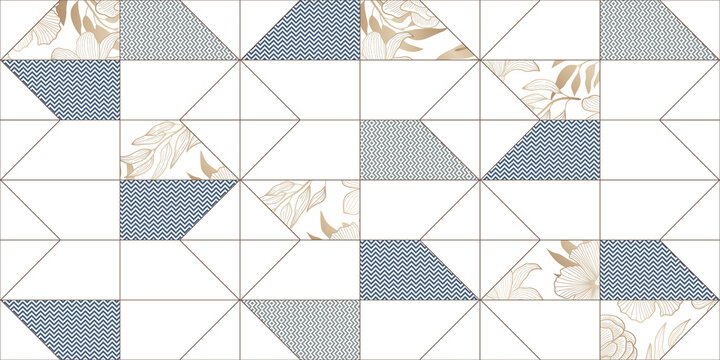 Geometric ceramic tile pattern with floral accents, modern blue and beige mosaic wall texture, decorative porcelain backsplash design for interior decor