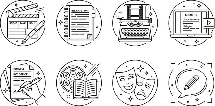 Screenwriting and Filmmaking Line Icon Set with Clapperboard Script Notebook Typewriter Laptop and Theater Masks Symbols