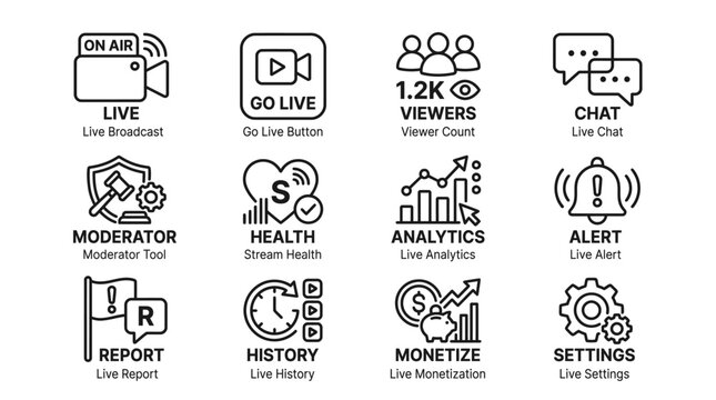 Set of streaming icons representing live broadcast and platform management tools.