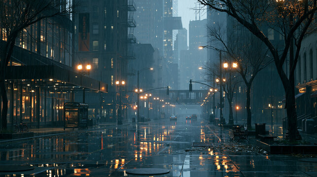 Rainy City Street at Night with Glowing Reflections