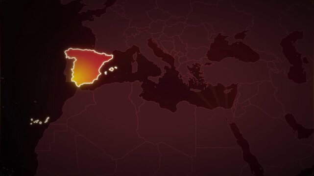 Animated Spain Nation Profile Map with Cultural Heritage Data on Dark Red Background