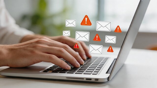 Person typing on laptop with floating email icons and warning signs, cybersecurity alert concept, phishing scam protection, spam filter notification, digital communication safety,